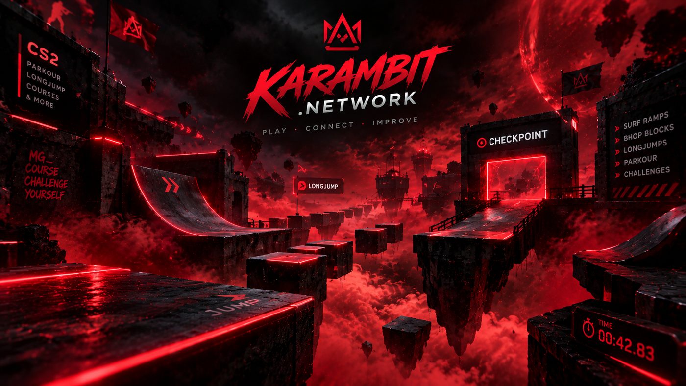 Karambit browser course: floating platforms, ramps and a checkpoint gate above red clouds